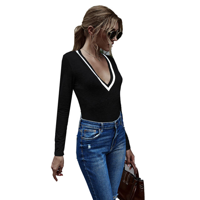 Black Cotton Blend V Neck Bodysuit TQK550198-2