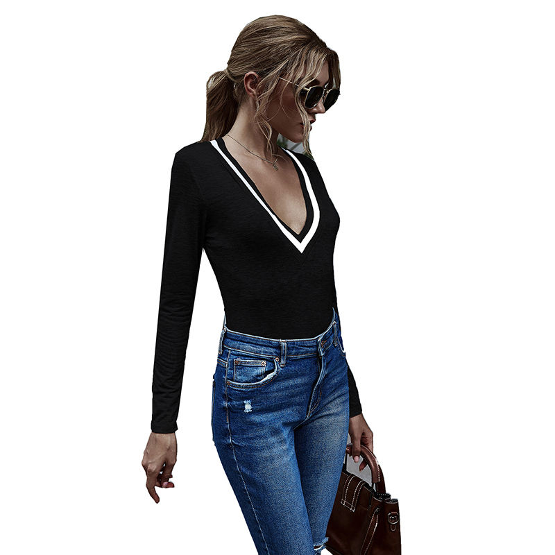 Black Cotton Blend V Neck Bodysuit TQK550198-2