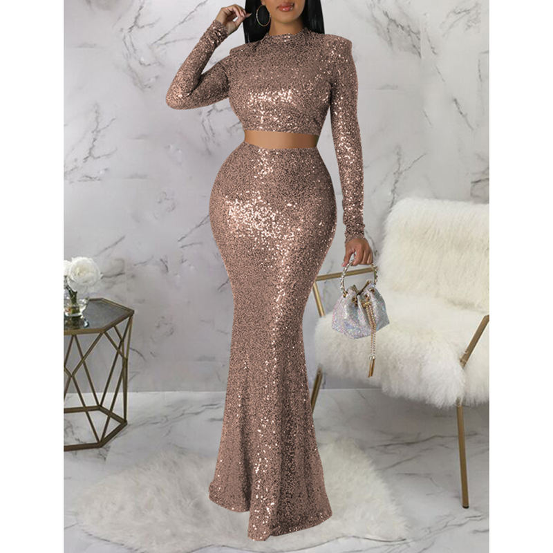Champagne Sequined Crop Top with Fishtail Skirt Set TQV810034-53