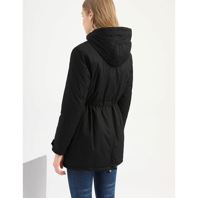 Black Waist Drawstring Plush Hooded Thick Parka Coat TQK280127-2