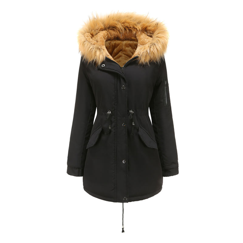Black Brown Fur Collar Drawstring Waist Warm Hooded Parka Coat TQK280130-2B