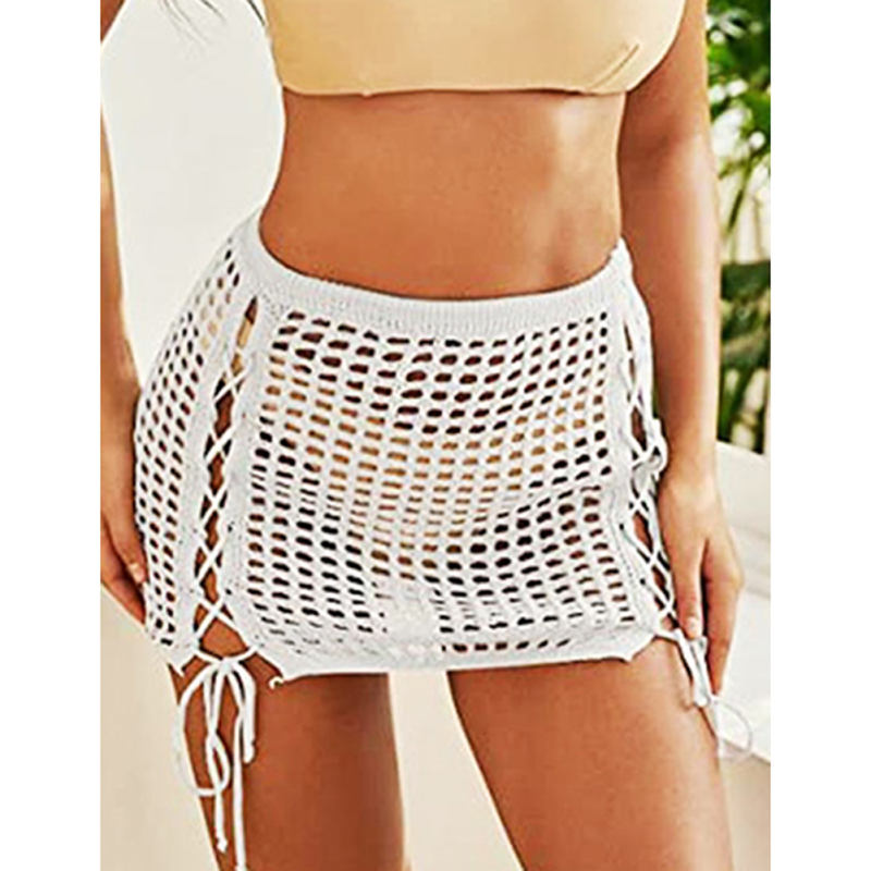 White Hollow-out Side Drawstring Beachwear Mini Skirt TQV360075-1