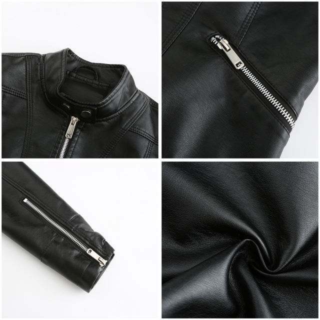Black PU Stand Collar Short Leather Jacket TQK280124-2