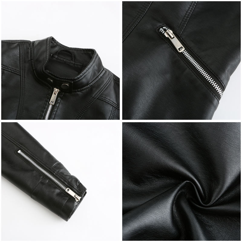 Black PU Stand Collar Short Leather Jacket TQK280124-2
