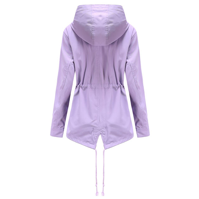 Light Purple Waist Drawstring Hooded Outdoor Rainproof Coat TQK280126-38