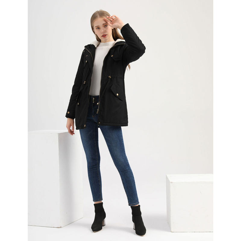 Black Waist Drawstring Plush Hooded Thick Parka Coat TQK280127-2