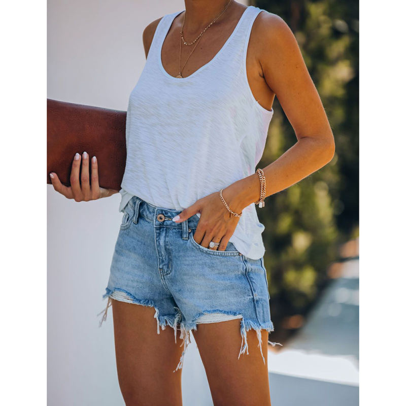 Blue Ripped Distressed Pocketed Jean Shorts TQK530082-5
