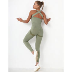 Army Green Back-Criss Seamless Yoga One Piece Jumpsuit TQE91567-27