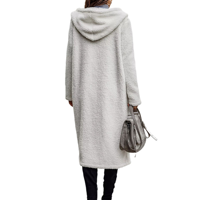 Beige Open Front Long Sleeve Hooded Fleece Coat TQK280217-46