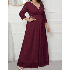 Burgundy V-Neck Lace Plus Size Dress TQK310997-23