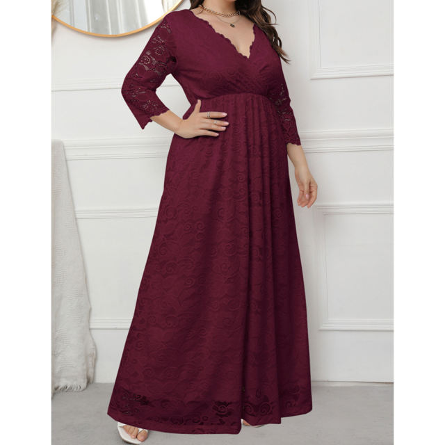 Burgundy V-Neck Lace Plus Size Dress TQK310997-23