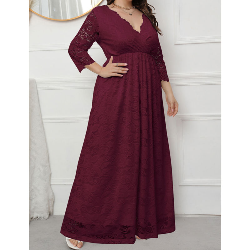 Burgundy V-Neck Lace Plus Size Dress TQK310997-23