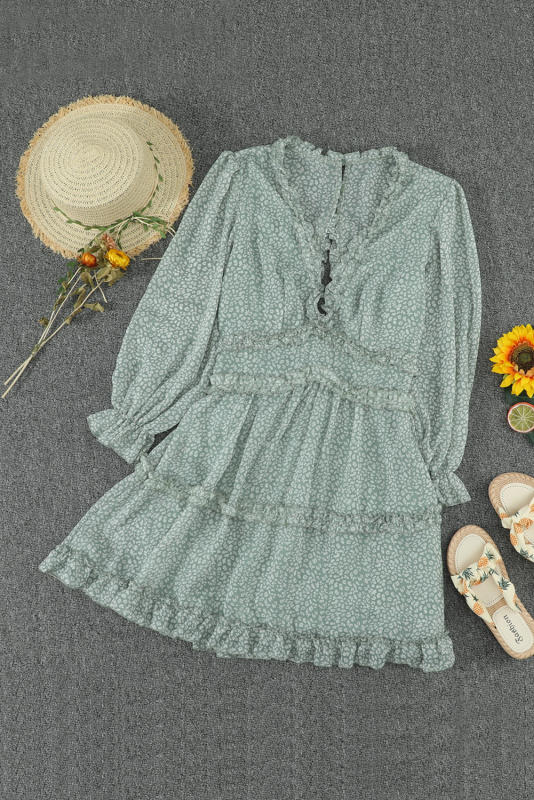 Green Ruffle Detailing Open Back Floral Dress LC220829-9