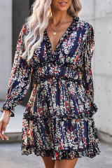 Blue Ruffle Detailing Open Back Floral Dress LC220829-5