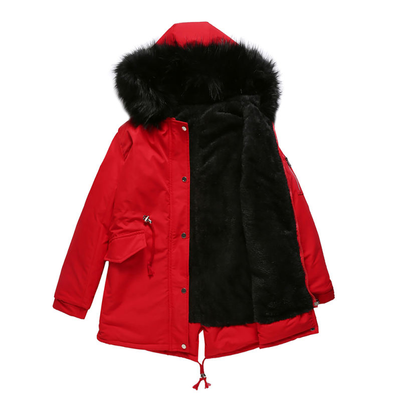 Red Fur Collar Drawstring Waist Warm Hooded Parka Coat TQK280130-3