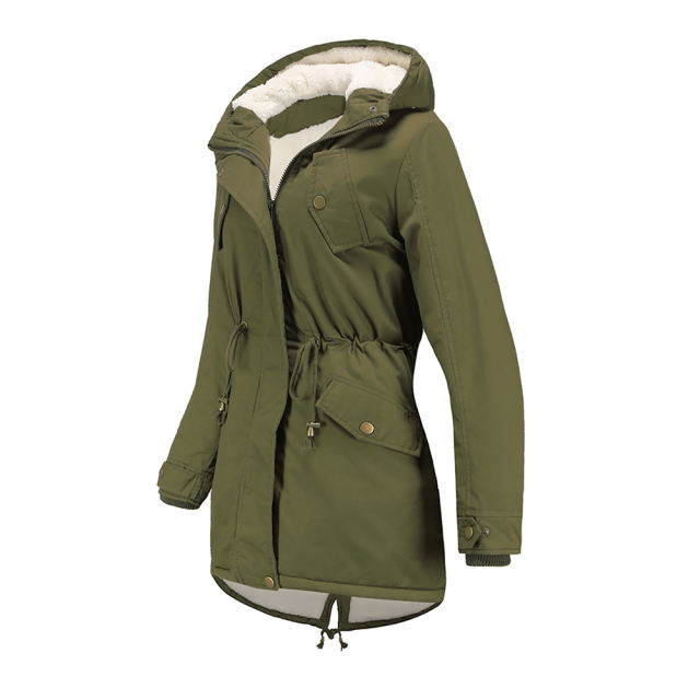 Army Green Waist Drawstring Plush Hooded Thick Parka Coat TQK280127-27