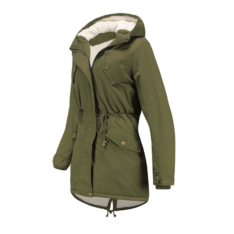 Army Green Waist Drawstring Plush Hooded Thick Parka Coat TQK280127-27