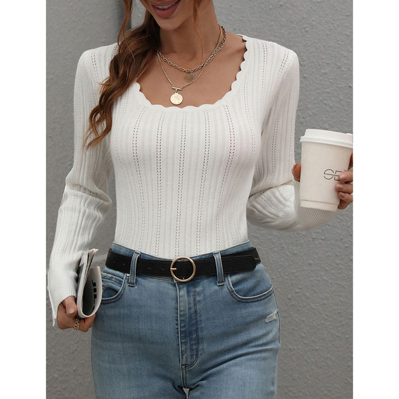 White Knit Button Long Sleeve Pullover Top TQV270003-1