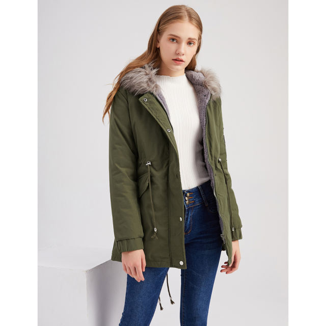 Army Green Fur Collar Drawstring Waist Warm Hooded Parka Coat TQK280130-27