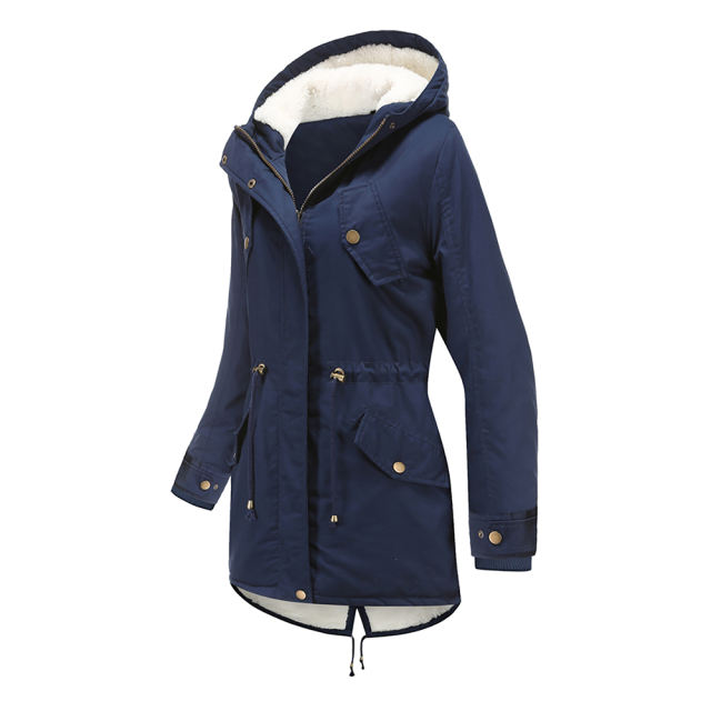 Navy Blue Waist Drawstring Plush Hooded Thick Parka Coat TQK280127-34
