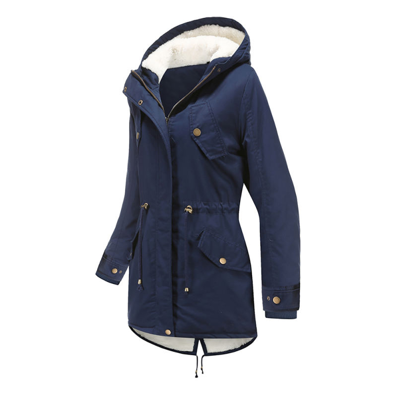 Navy Blue Waist Drawstring Plush Hooded Thick Parka Coat TQK280127-34