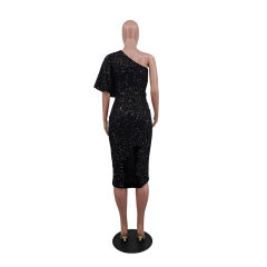Black One Shoulder Sequin Split Evening Dress TQK310820-2