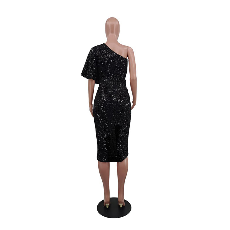 Black One Shoulder Sequin Split Evening Dress TQK310820-2