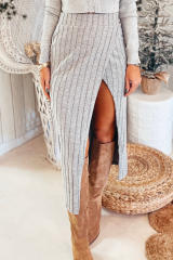 Gray Ribbed Knit Side Split High Waist Midi Skirt LC721219-11