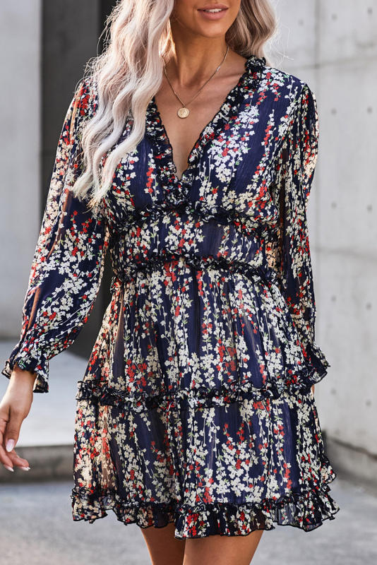 Blue Ruffle Detailing Open Back Floral Dress LC220829-5