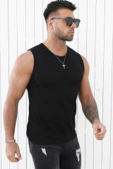 Black Solid O Neck Slim-fit Men\'s Tank Top MC256181-2