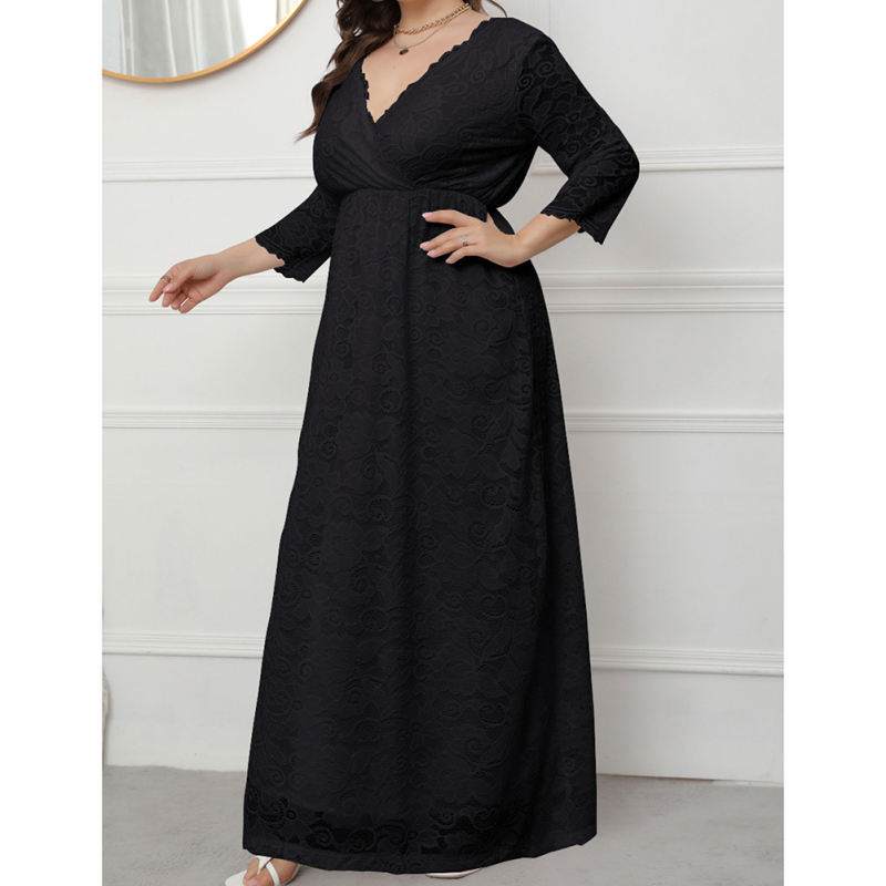Black V-Neck Lace Plus Size Dress TQK310997-2