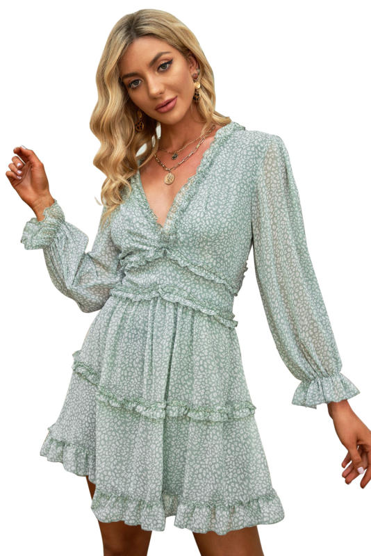 Green Ruffle Detailing Open Back Floral Dress LC220829-9