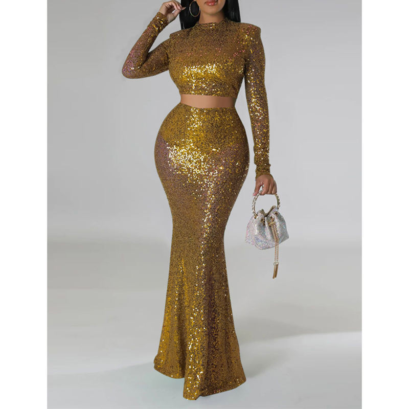 Gold Sequined Crop Top with Fishtail Skirt Set TQV810034-12