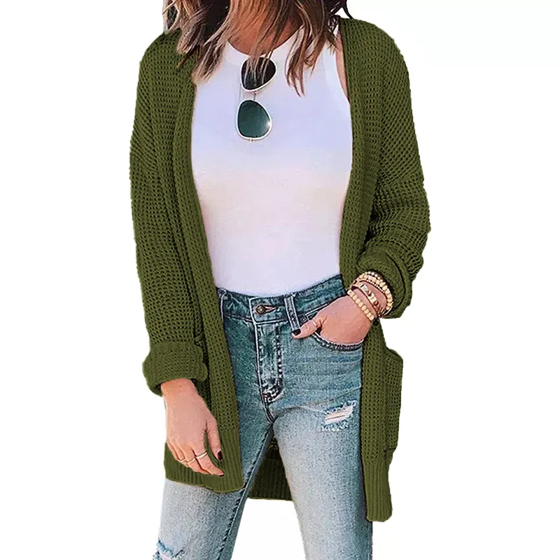 Army Green Waffle Knit Cardigan with Pockets TQK271081-27