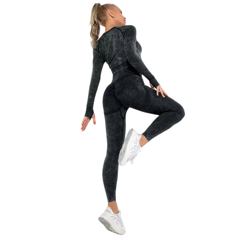 Black Nylon Seamless Long Sleeve Pant Yoga Set TQE91361-2