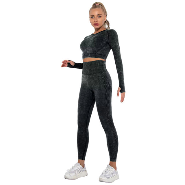 Black Nylon Seamless Long Sleeve Pant Yoga Set TQE91361-2