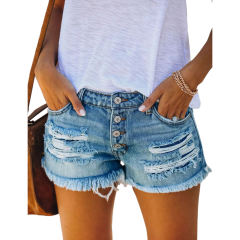 Blue Buttons Ripped Raw Hem Denim Shorts TQK530086-5