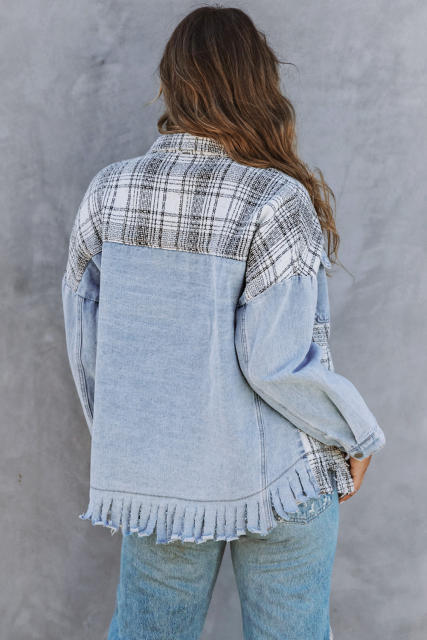 Sky Blue Plaid Patchwork Fringed Flap Pockets Denim Jacket LC854131-4