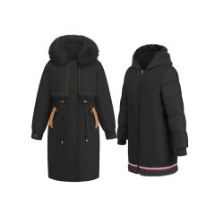 Black Zipper Plush Collar Parker Thick Coat 2pcs Set  TQK280219-2