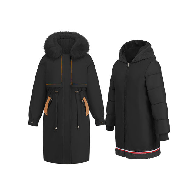 Black Zipper Plush Collar Parker Thick Coat 2pcs Set  TQK280219-2