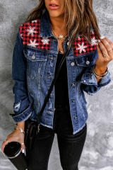 Blue Snowflake Plaid Patchwork Distressed Denim Jacket LC788257-5