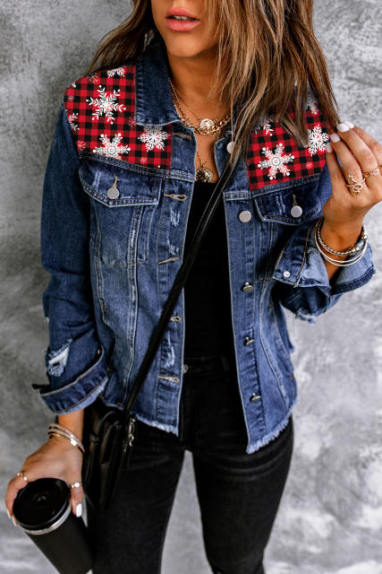 Blue Snowflake Plaid Patchwork Distressed Denim Jacket LC788257-5