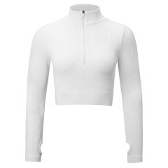 White Seamless Stand Collar Jacket with Pant Yoga Set TQK710415-1