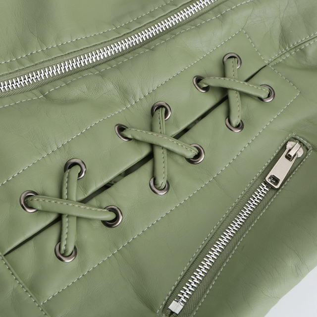 Light Green Zipper &amp; Bandage PU Leather Jacket TQK280142-28