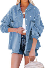 Sky Blue Beaded Oversized Pocketed Distressed Denim Jacket LC854283-4