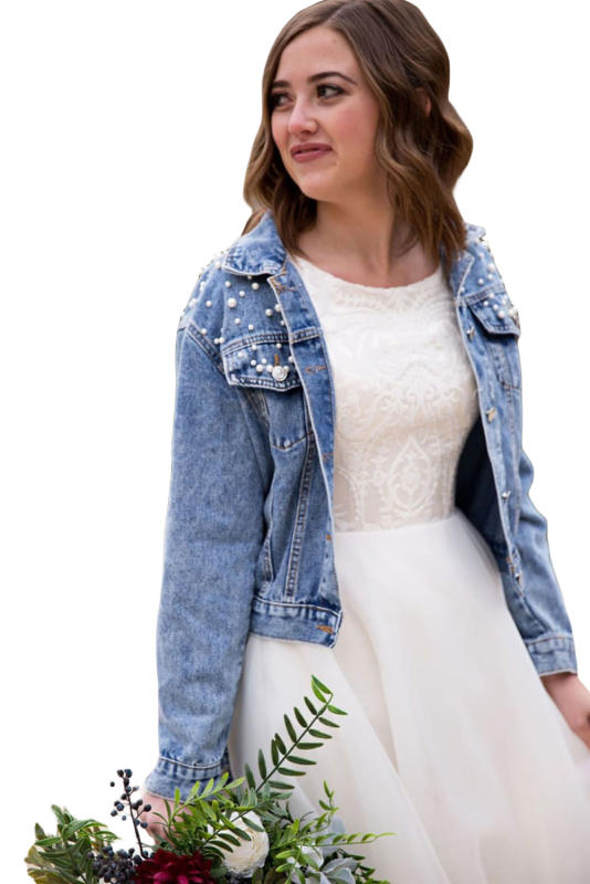 Sky Blue Pearl Turn Down Collar Denim Jacket LC788144-4