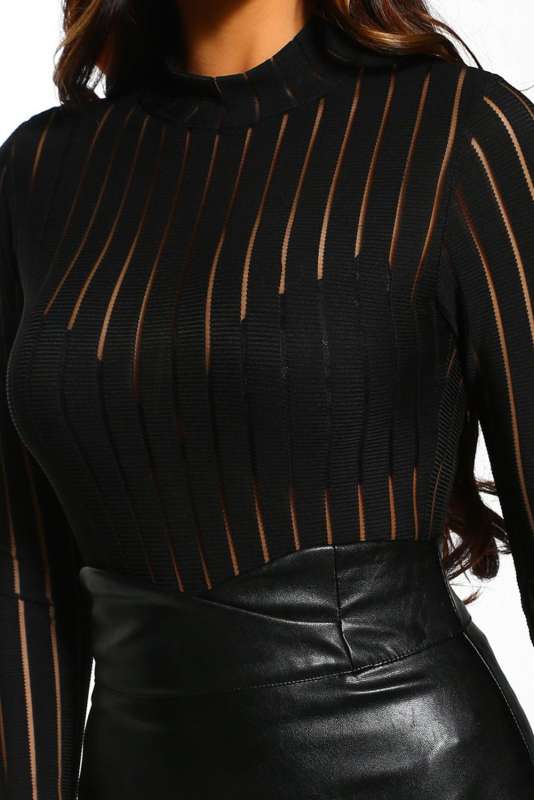 Black High Neck Long Sleeve Bodysuit LC32495-2