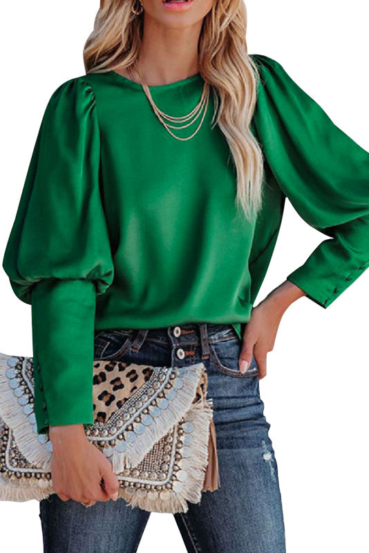 Green Satin Cuffed Sleeve Shirt LC2552482-9
