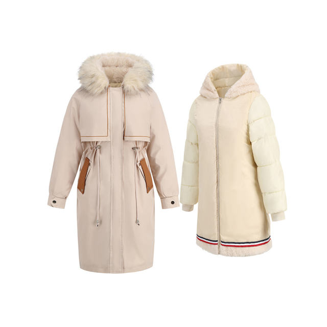 Apricot Zipper Plush Collar Parker Thick Coat 2pcs Set  TQK280219-18