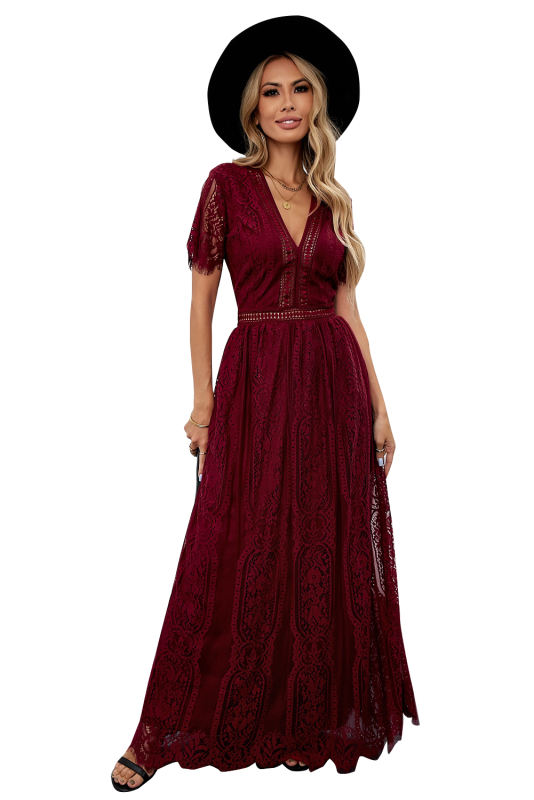 Burgundy Deep V Neck Short Sleeve Lace Maxi Dress LC611316-103